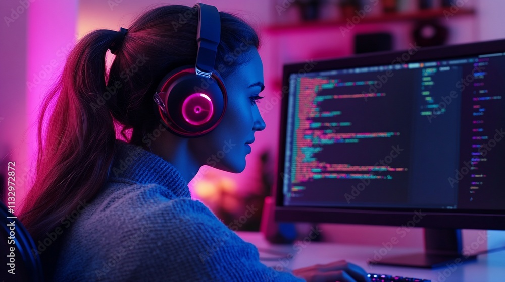 Poster A person wearing headphones, focused on coding at a computer in a colorful setting.