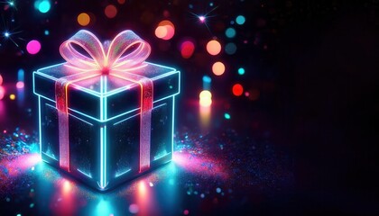 Glowing Neon Gift Box with Sparkling Bow Against a Vibrant Bokeh Background, Ideal for Black Friday, Cyber Monday Sales, Festive Promotions, Holiday Discounts, and Digital Marketing Campaigns
