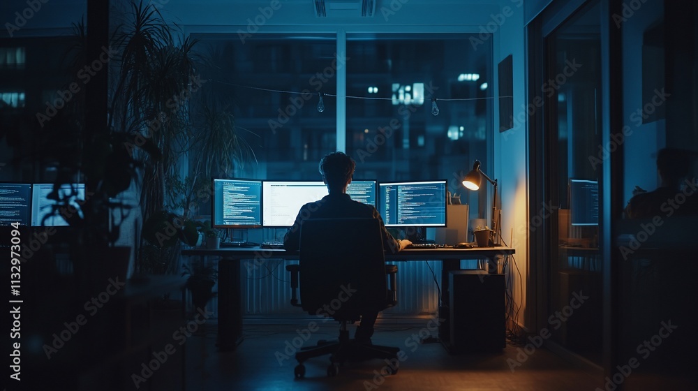 Poster a person working late at night in an office with multiple computer screens.