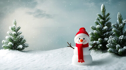 Obraz premium Festive Snowman in Snowy Landscape with Christmas Trees