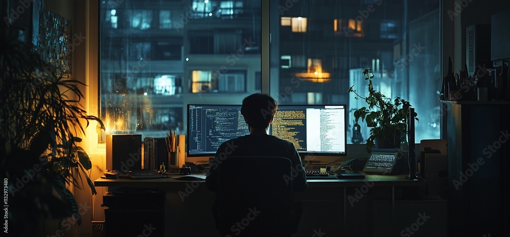 Poster A person working late at night on multiple computer screens in an urban setting.