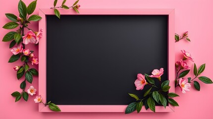 Fototapeta premium High-resolution stock photo Graceful blooming flowers with green leaves surround an empty pink frame against a pink background