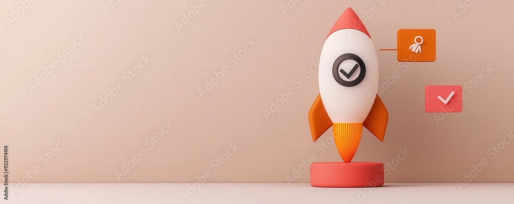 Aufkleber startup growth innovation ecosystem concept. rocket model with check marks on a soft background.