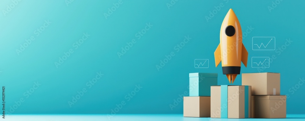 Poster startup growth innovation ecosystem concept. rocket on boxes symbolizing growth and innovation.