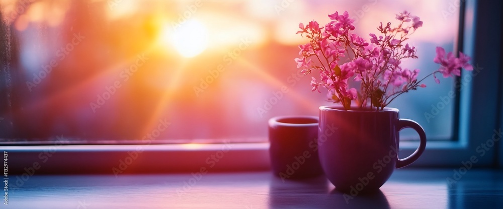 Poster a serene view of flowers in a cup by a window during sunset.