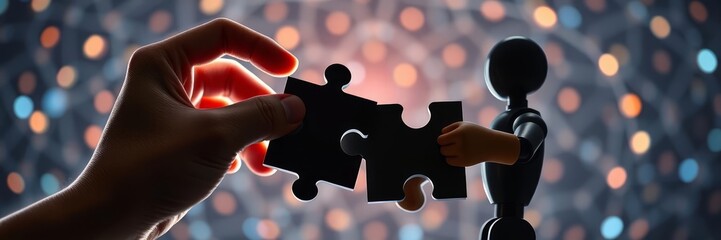 Two hands connecting puzzle pieces. Collaboration, partnership, and problem-solving concept.  Glowing, futuristic background. Ideal for business, teamwork, and innovation themes.