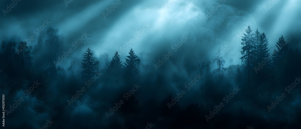 Poster Mysterious and Enigmatic Forest Landscape with Dense Fog and Soft Light Rays Piercing Through an Ethereal Atmosphere at Twilight