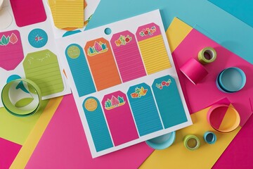 Fototapeta premium Playful Paper Sticker Label Set on a Colorful Sheet