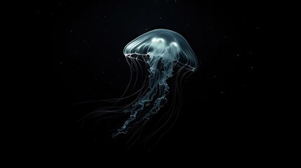 A silhouette of jellyfish with soft luminescent light, glowing gently in the underwater darkness.