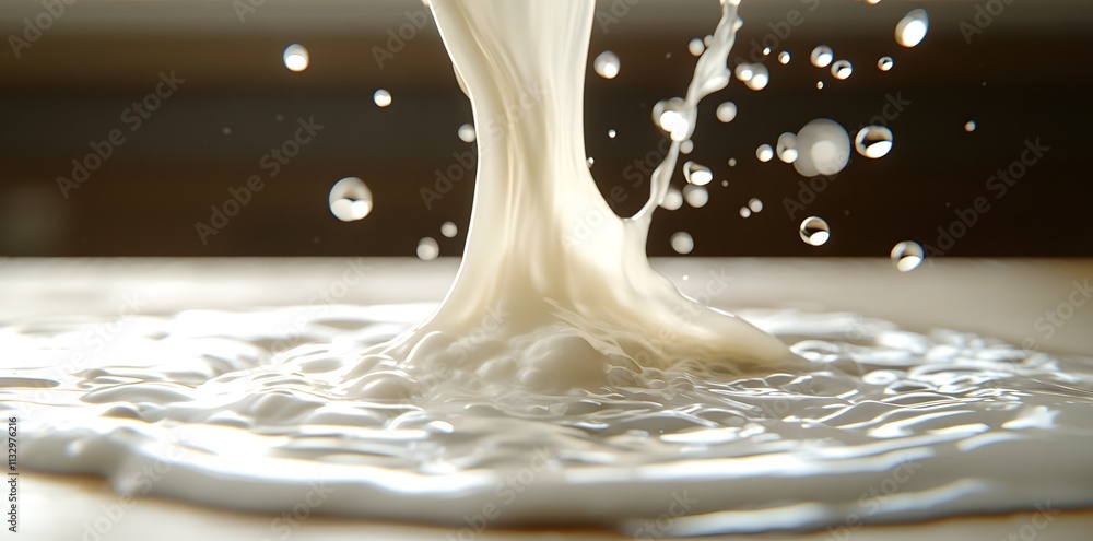 Poster a close-up of milk being poured, creating splashes and droplets on a surface.