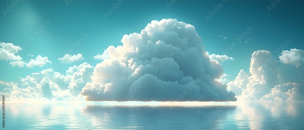 Poster a serene sky filled with fluffy white clouds reflecting on a calm turquoise ocean, creating a tranqu