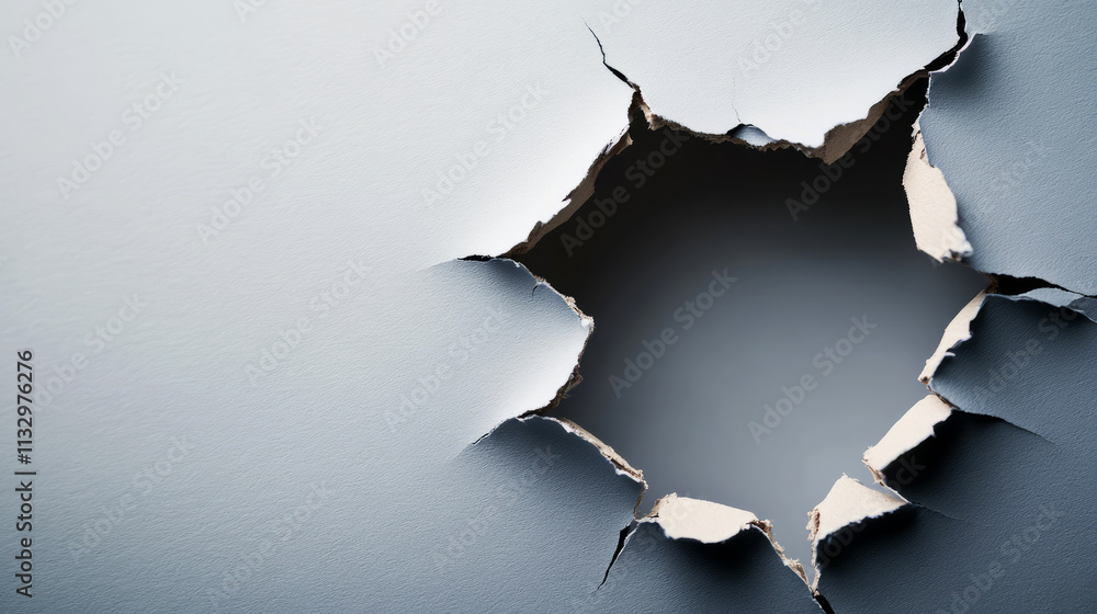 Aufkleber close-up view of torn paper with rough edges creating hole in smooth surface background