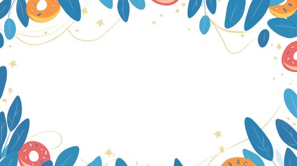Blue and orange frame with donuts, leaves, and stars on a white background. Vector illustration for banner designs or greeting cards, with pastel colors in a flat style for summer parties or Hanukkah.