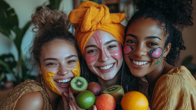 Three friends celebrate their diverse backgrounds during a fun and colorful gathering. With joyful expressions, they hold a variety of fresh fruits while adorned with playful face paint - Powered by Adobe