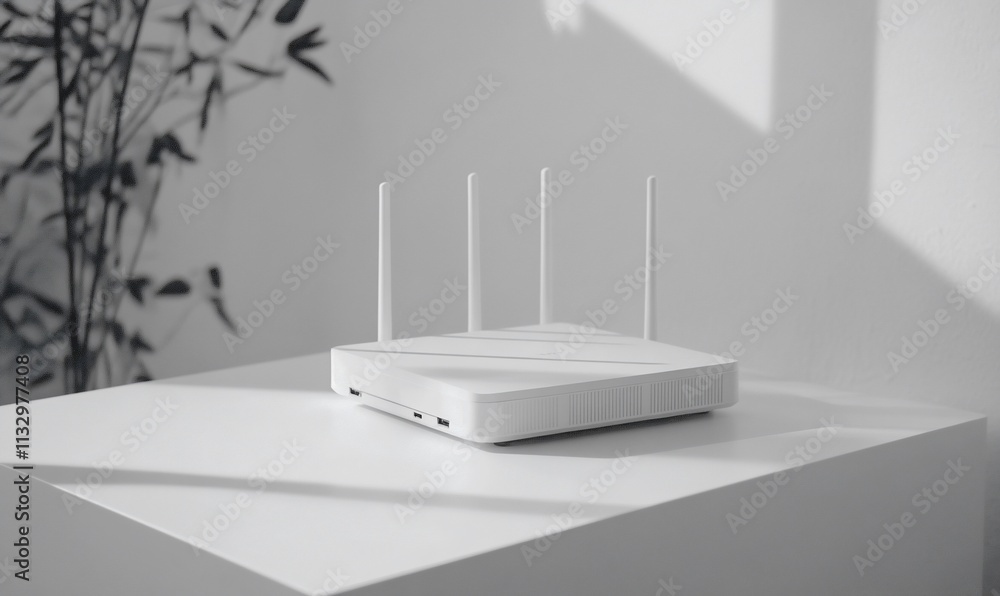 Poster a white wireless router with four antennas on a minimalist surface.