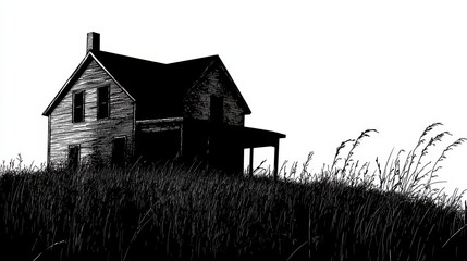 Abandoned House Silhouette on a Hill Surrounded by Tall Grass Under a Clear Sky in a Minimalist Style Illustrating Isolation and Nostalgia