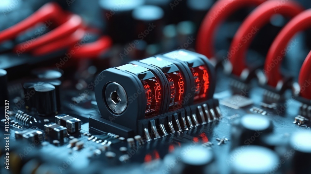 Fototapete close-up of a circuit board with glowing components and red wires, showcasing electronic technology.