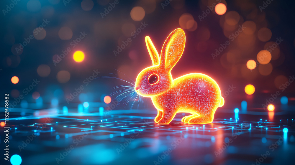 Poster a cyber sports performance analytics icon featuring a glowing rabbit, representing online platforms 