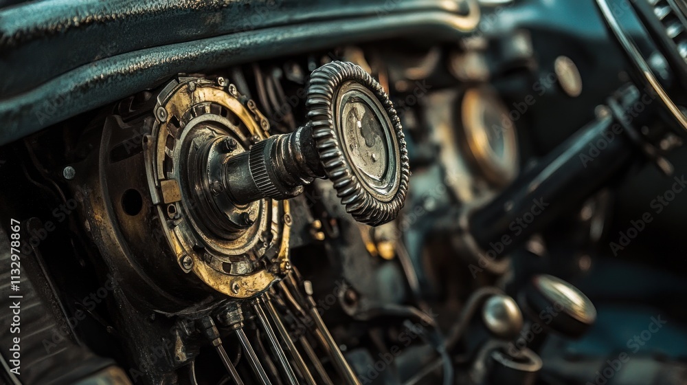 Poster close-up of a vintage car dashboard with intricate mechanical controls.