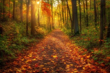 Obraz premium Secluded forest path covered in autumn leaves, vibrant fall colors and dappled sunlight, capturing the essence of seasonal change, high-resolution photography 