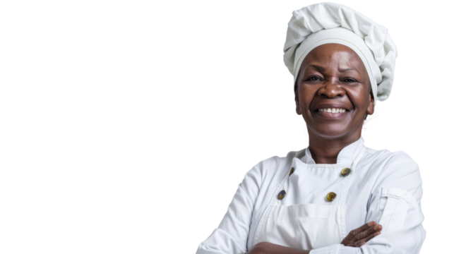 Positive professional happy african senior female chef on white background
