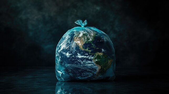 A striking visual of Earth in a plastic bag, symbolizing suffocation and the destructive effects of human activities.