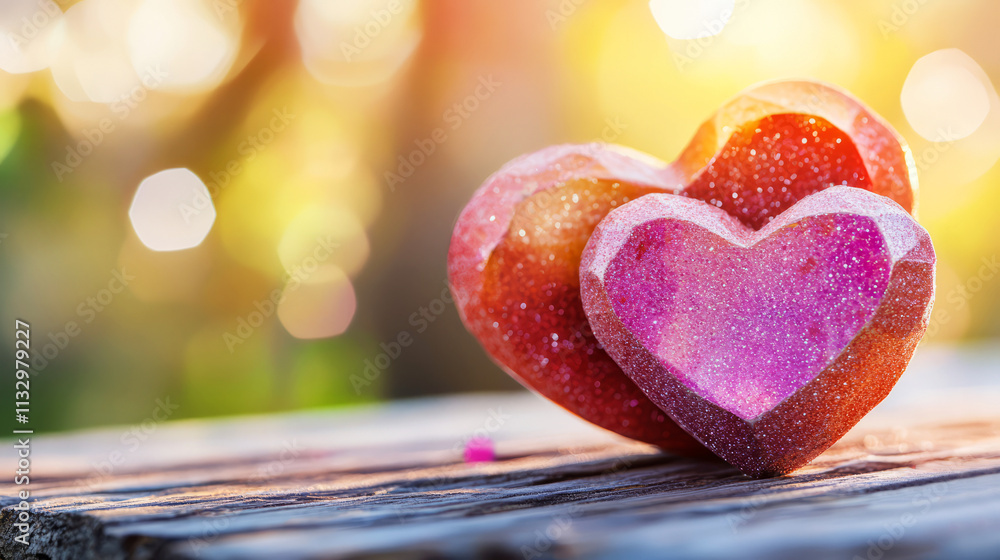 Poster sparkling heart shapes in romantic setting with soft focus background and golden light