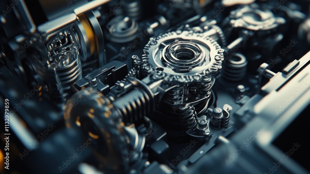 Poster close-up of intricate mechanical components showcasing gears and springs in a machine.