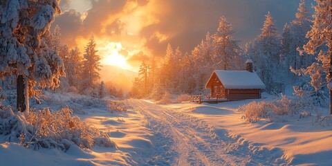 Winter Wonderland Cabin Snow Sunset Trees Landscape