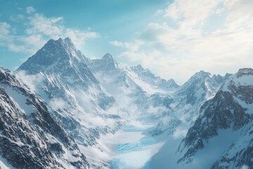 Obraz premium Snow-capped mountain peaks with a clear sky and a glacier below, emphasizing the majesty of pristine environments, ultra-realistic landscape shot
