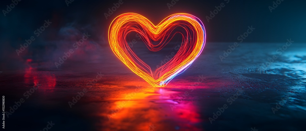 Poster glowing heart shape created with light trails on a dark background, perfect for representing love, r