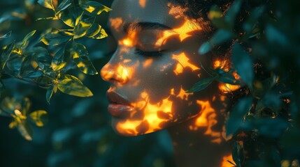 Fiery silhouette of a woman's face amidst glowing light patterns