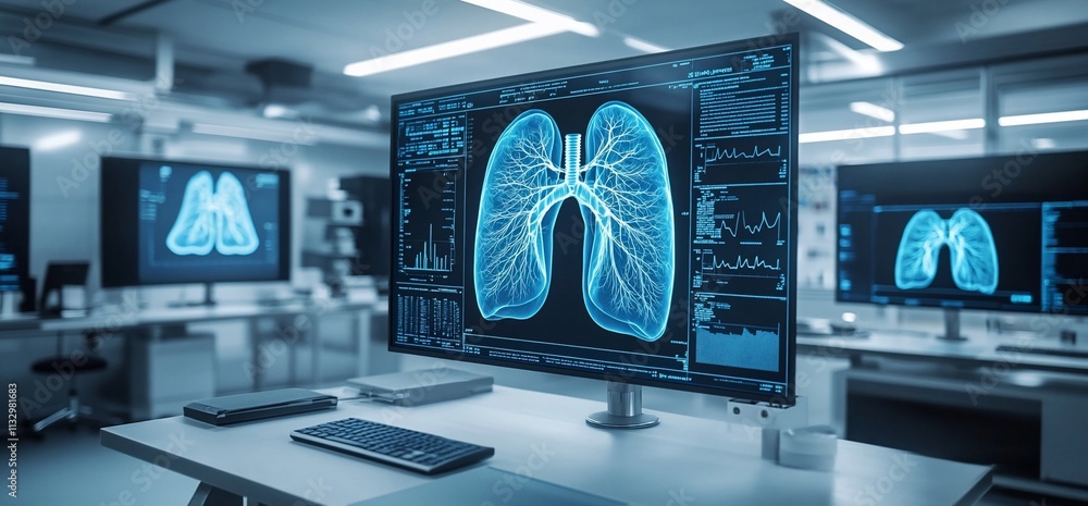 Poster medical imaging display showing lung scans and vital signs in a lab.