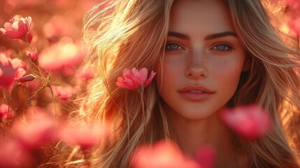 Naklejka premium Portrait of a woman surrounded by soft natural light and flowers