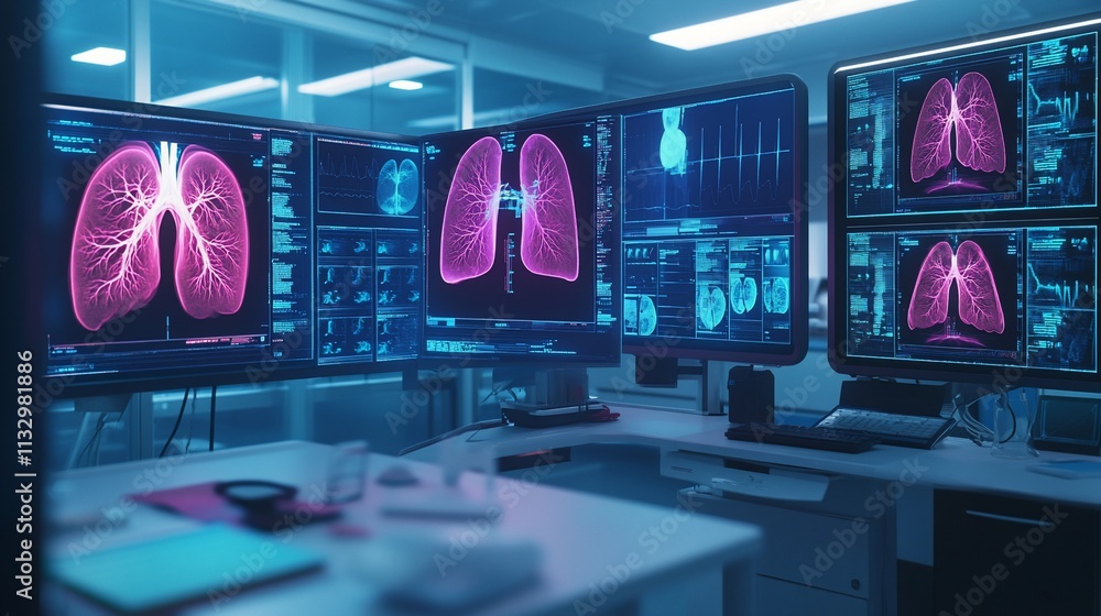 Poster medical imaging workstation displaying lung scans and health data.
