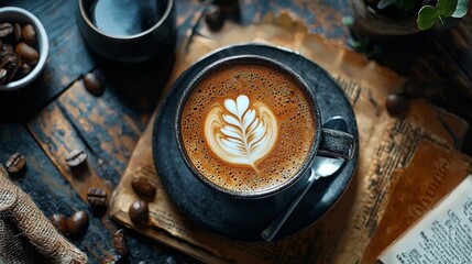 Artistic latte coffee in a rustic setting