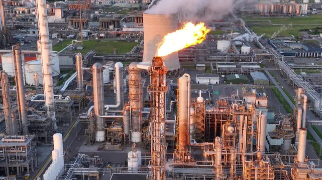 Aerial view of a chemical plant at sunset. Drone shot. Curling fire and cumin smoke filling the sky. Smoking chimneys from the factory. Chimneys of an oil refinery at sunrise pollute the environment