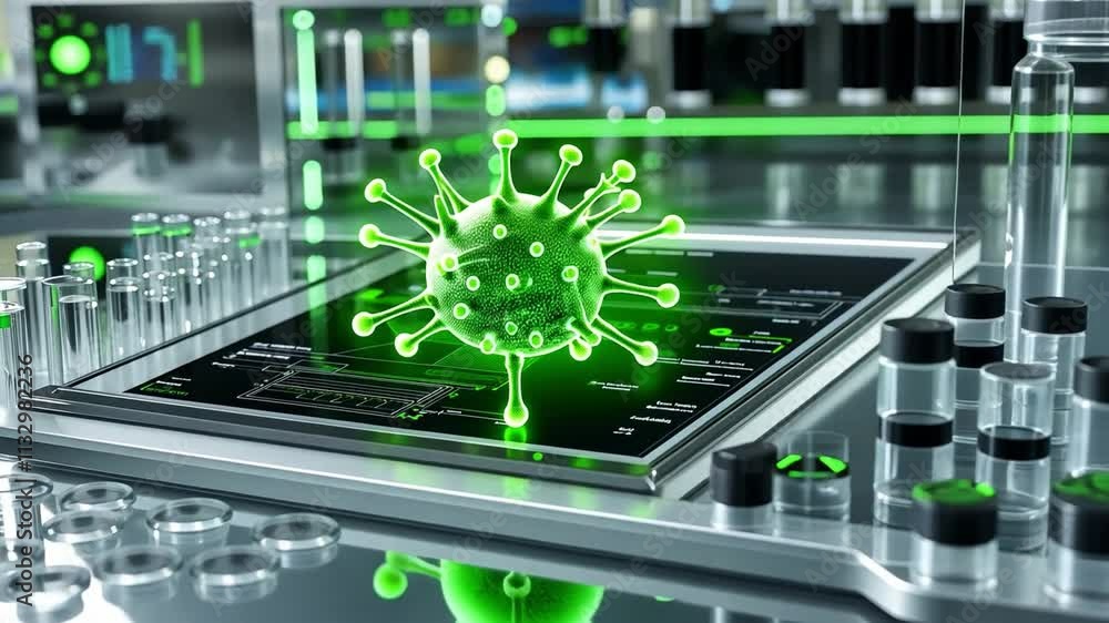 Poster a biocomputer showing a microbe representation, set in a modern laboratory