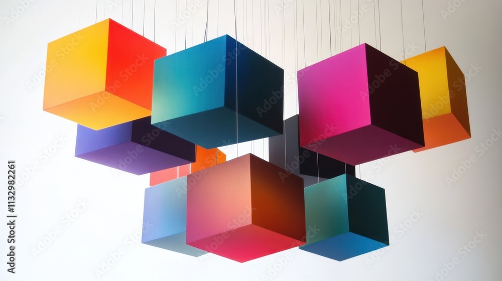 Poster abstract colorful cubes hanging installation art: a vivid display of geometric shapes and dynamic co
