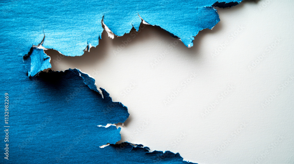 Poster blue torn paper background with textured edges and contrast on light surface for design