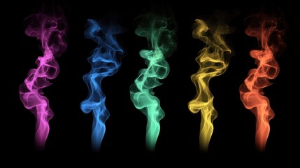 Fototapeta premium Colorful smoke swirls in a gradient from pink to orange against a black background.