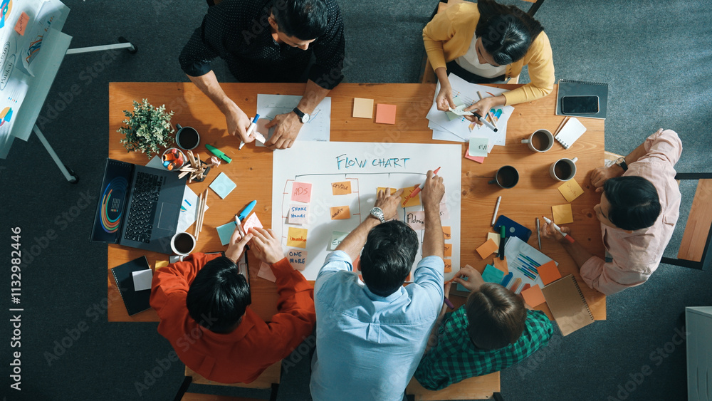 Poster top view of smart business man put scrum board on table at meeting room while marketing team prepari