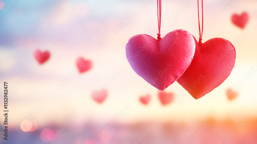 Aufkleber beautiful red hearts hanging on strings with soft bokeh background for romantic occasions