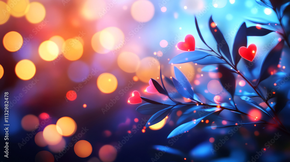 Poster beautiful bokeh background with heart shapes and soft colorful lights for romantic themes