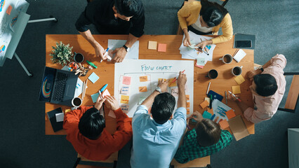 Top view of smart business man put scrum board on table at meeting room while marketing team...
