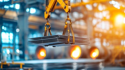 Aluminum steel and production factory. Heavy machinery lifting metal sheets in an industrial setting with warm lighting.