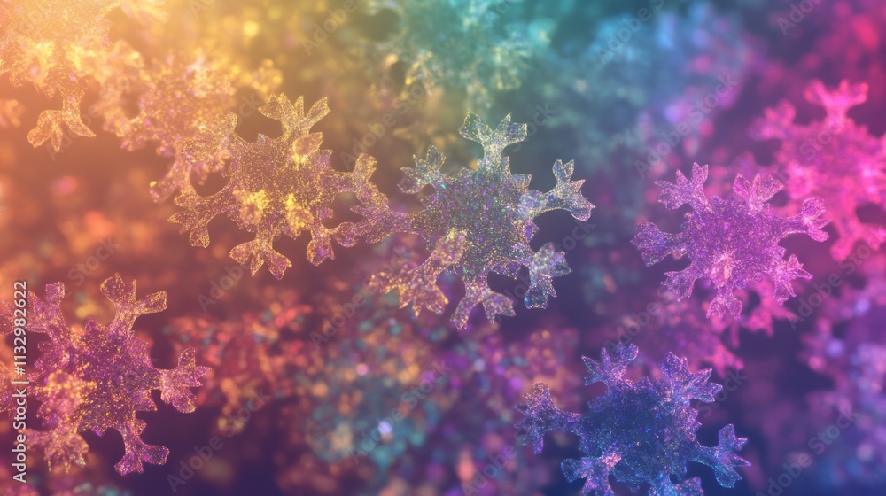 Poster colorful snowflakes sparkle against a vibrant background, showcasing intricate patterns.