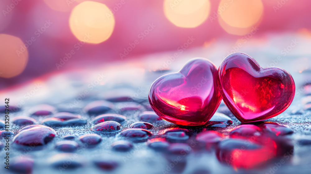 Poster two glowing red heart shapes on a blurry background with colorful bokeh effects