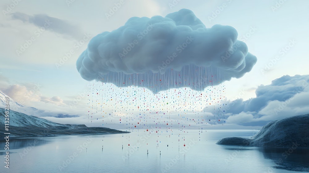 Poster white clouds with scattered colorful pins create a whimsical scene.