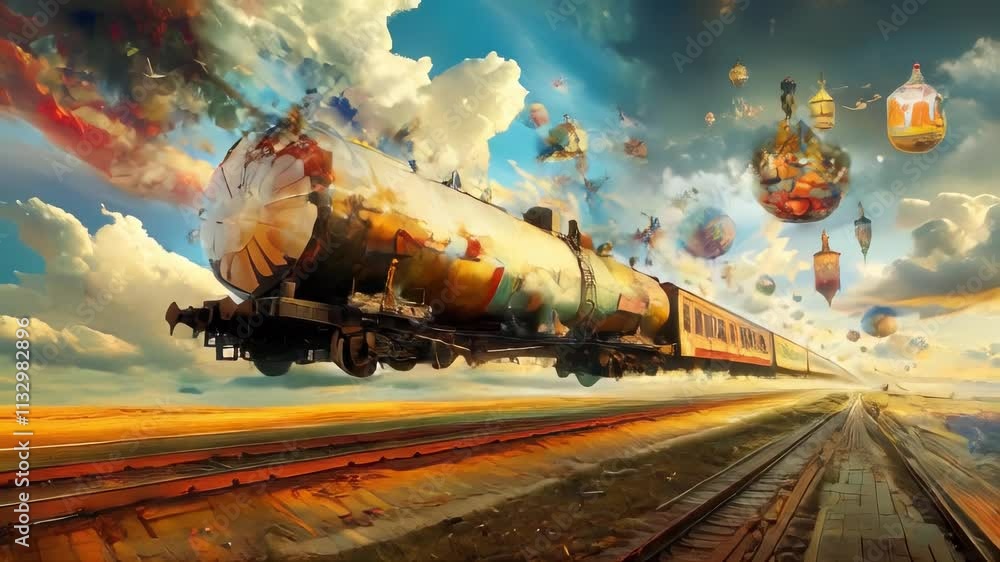 Poster A train floats above the ground, surrounded by dreamlike objects. Perfect for fantasy, surrealism, and art projects.. AI Generation